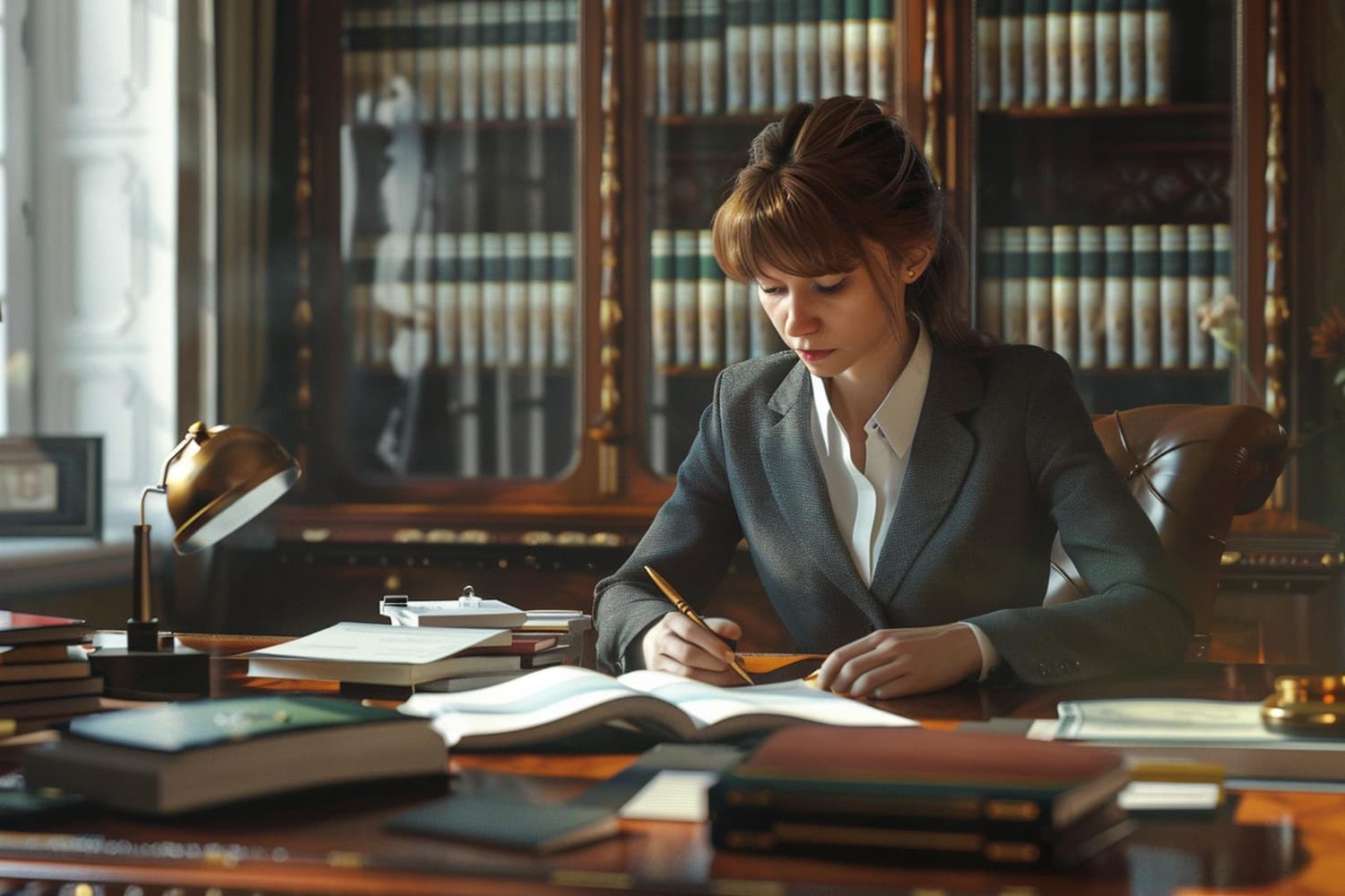 Professional reviewing documents at a legal desk