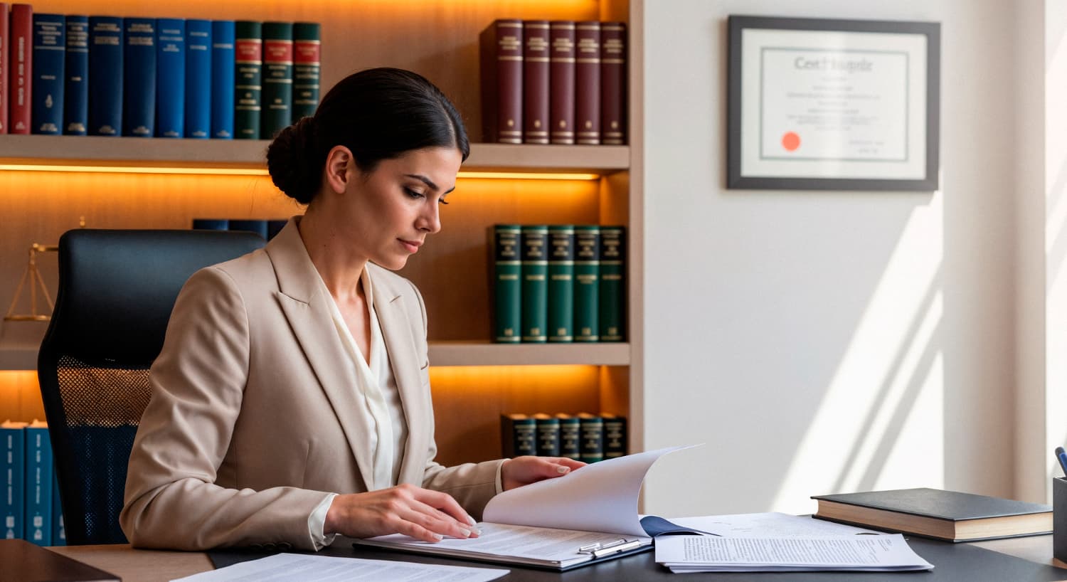 Paralegal reviewing a document at a desk